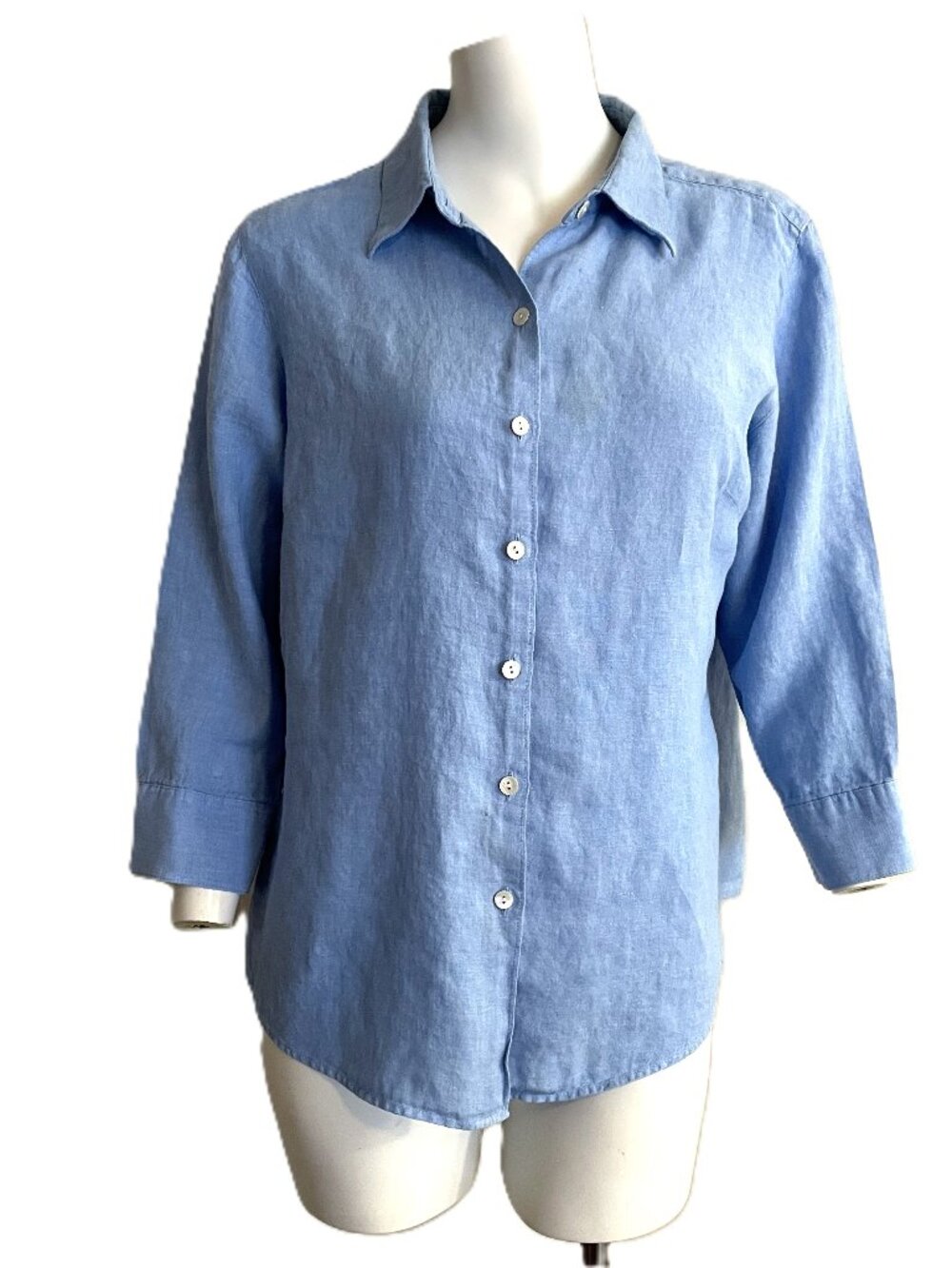 LL Bean 100% Linen Shirt Womens Medium Blue 3/4 Sleeve Button Down *FLAW* Blouse